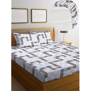 realdream luxurious cotton feel glace cotton super soft king size elastic fitted printed double bed bedsheet with 2 pillow covers 72 x 78 x 6 inches white-box
