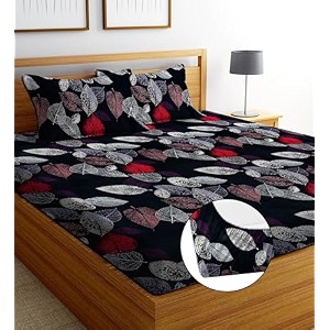 realdream luxurious cotton feel glace cotton super soft king size elastic fitted printed double bed bedsheet with 2 pillow covers 72 x 78 x 6 inches white-box