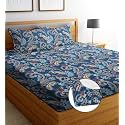 REALDREAM Luxurious Cotton Feel Glace Cotton Super Soft King Size, Elastic Fitted Printed Double Bed Bedsheet with 2 Pillow Covers (72 x 78 x 6 Inches) (Blue-Multi)