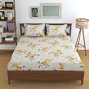 REALDREAM Luxurious Cotton Feel Glace Cotton Super Soft King Size, Elastic Fitted Printed Double Bed Bedsheet with 2 Pillow Covers (72 x 78 x 6 Inches) (Yellow-Flower)
