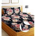 REALDREAM Luxurious Cotton Feel Glace Cotton Super Soft King Size, Elastic Fitted Printed Double Bed Bedsheet with 2 Pillow Covers (72 x 78 x 6 Inches) (Flower-Black)