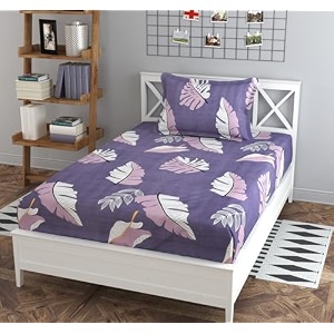 realdream single fitted bedsheet with elastic bedsheet for single bed glace elastic fitted with 1 pillow cover 72x48x upto 6 inches grey-leaves