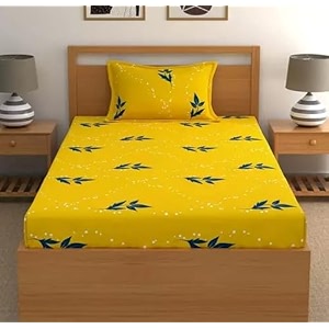 realdream single fitted bedsheet with elastic bedsheet for single bed glace elastic fitted with 1 pillow cover 72x48x upto 6 inches yellow-blue-leaves