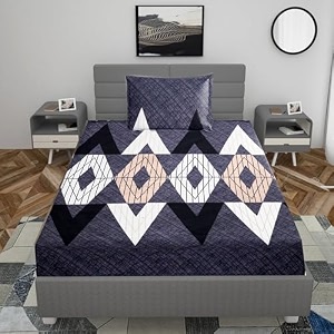 realdream single fitted bedsheet with elastic bedsheet for single bed glace elastic fitted with 1 pillow cover 72x48x upto 6 inches grey-leaves