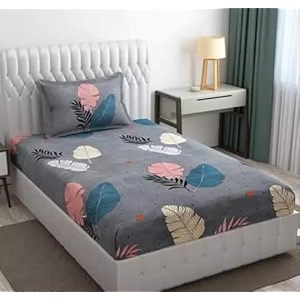 realdream single fitted bedsheet with elastic bedsheet for single bed glace elastic fitted with 1 pillow cover 72x48x upto 6 inches grey-leaves