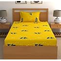 REALDREAM Single Fitted bedsheet with Elastic, bedsheet for Single Bed Glace Elastic Fitted with 1 Pillow Cover (72x48x Upto 6 Inches) (Yellow-Blue-Leaves)