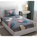 REALDREAM Single Fitted bedsheet with Elastic, bedsheet for Single Bed Glace Elastic Fitted with 1 Pillow Cover (72x48x Upto 6 Inches) (Grey-Leaves)