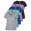 Real Essentials 5 Pack: Women's Dry-Fit Short Sleeve V Neck T Shirt Workout Fitness Yoga Top Tee (Available in Plus Size)