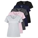 Real Essentials 5 Pack: Women's Dry-Fit Short Sleeve V Neck T Shirt Workout Fitness Yoga Top Tee (Available in Plus Size)