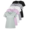 Real Essentials 5 Pack: Women's Dry-Fit Short Sleeve V Neck T Shirt Workout Fitness Yoga Top Tee (Available in Plus Size)