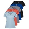 Real Essentials 5 Pack: Women's Dry-Fit Short Sleeve V Neck T Shirt Workout Fitness Yoga Top Tee (Available in Plus Size)