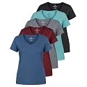 Real Essentials 5 Pack: Women's Dry-Fit Short Sleeve V Neck T Shirt Workout Fitness Yoga Top Tee (Available in Plus Size)