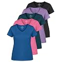 Real Essentials 5 Pack: Women's Dry-Fit Short Sleeve V Neck T Shirt Workout Fitness Yoga Top Tee (Available in Plus Size)