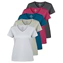 Real Essentials 5 Pack: Women's Dry-Fit Short Sleeve V Neck T Shirt Workout Fitness Yoga Top Tee (Available in Plus Size)