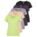 Real Essentials 5 Pack: Women's Dry-Fit Short Sleeve V Neck T Shirt Workout Fitness Yoga Top Tee (Available in Plus Size)