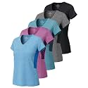 Real Essentials 5 Pack: Women's Dry-Fit Short Sleeve V Neck T Shirt Workout Fitness Yoga Top Tee (Available in Plus Size)