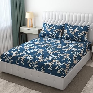 realdream bedsheet for double bed elastic fitted king size bedsheet with elastic fitted double bedsheet glace cotton with 2 pillow covers 72 x 78 x 8 inches blue
