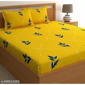 realdream queen size bedsheet for double bed glace cotton flat double bedsheet with 2 pillow cover 90 x 90 inches yellow-blue-leaves210 tc