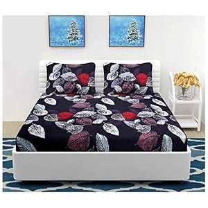 realdream queen size bedsheet for double bed glace cotton flat double bedsheet with 2 pillow cover 90 x 90 inches leaves-black