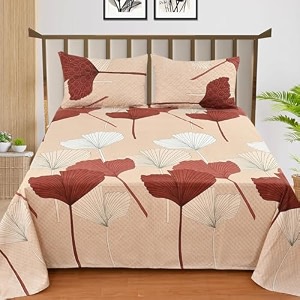 realdream queen size bedsheet for double bed glace cotton flat double bedsheet with 2 pillow cover 90 x 90 inches floral-beige