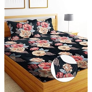 realdream queen size bedsheet for double bed glace cotton flat double bedsheet with 2 pillow cover 90 x 90 inches flower-black