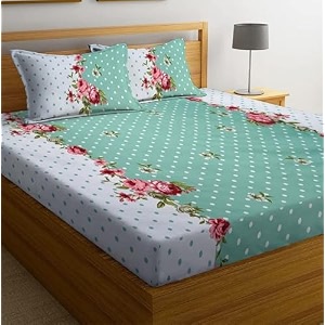 realdream queen size bedsheet for double bed glace cotton flat double bedsheet with 2 pillow cover 90 x 90 inches green-flower