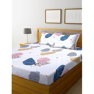 realdream queen size bedsheet for double bed glace cotton flat double bedsheet with 2 pillow cover 90 x 90 inches white-leaves