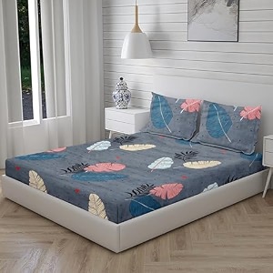 realdream queen size bedsheet for double bed glace cotton flat double bedsheet with 2 pillow cover 90 x 90 inches grey-leaves