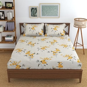 realdream queen size bedsheet for double bed glace cotton flat double bedsheet with 2 pillow cover 90 x 90 inches yellow-flower