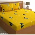 REALDREAM Queen Size Bedsheet for Double Bed, Glace Cotton Flat Double Bedsheet with 2 Pillow Cover 90 x 90 Inches (Yellow-Blue-Leaves)210 TC