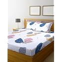 REALDREAM® Queen Size Bedsheet for Double Bed, Glace Cotton Flat Double Bedsheet with 2 Pillow Cover 90 x 90 Inches (White-Leaves)