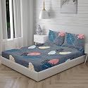 REALDREAM® Queen Size Bedsheet for Double Bed, Glace Cotton Flat Double Bedsheet with 2 Pillow Cover 90 x 90 Inches (Grey-Leaves)