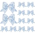 Realspring 12 Pcs 6.3 in Chinoiserie Blue Floral Christmas Bows Ornaments