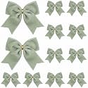Realspring 12pcs 6.3in Vintage Velvet Sage Green Christmas Bows Ornaments
