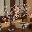 Realspring 2 Pcs Vintage Glowing Tree with Cardinals, Snowing Style
