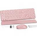 Rechargeable Backlit Wireless Keyboard and Mouse Combo, Retro Typewriter Keyboard with Magnetic Wrist Rest, Light Up Letters, 2.4GHz Cordless Connection for Mac, Windows PC, Laptop (Glowing Pink)
