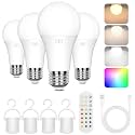 Rechargeable Battery Operated A19 Light Bulb with Remote Control 4 Packs, Dimmable Detachable LED Bulb with 15 Colors Selectable &amp; 3 Timer, Wireless Puck Light Bulb for Wall Sconce, Non-Hardwired