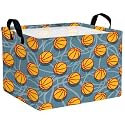 Rectangular Boys Basketball Basket Collapsible Kids Toys Storage Bin with Handles Sports Theme Nursery Room Decor (Blue Background Basketball)