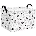 Rectangular Dog Toy Basket Collapsible Puppy Stuff Storage Box Bins with Handles Pet Supply Organizer Decor (Black Bone Paw Love)