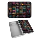 Rectangular Metal Tin Box with Removable Lid, Library Decorative Printed Metal Storage Container for Cash Ticket Credit Card Check 3.46 x 2.36 x 0.7 inch– Single Pack