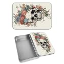Rectangular Metal Tin Box with Removable Lid, Florals Skull Decorative Printed Metal Storage Container for Cash Ticket Credit Card Check 3.46 x 2.36 x 0.7 inch– Single Pack