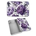 Rectangular Metal Tin Box with Removable Lid, Purple Peony Decorative Printed Metal Storage Container for Cash Ticket Credit Card Check 3.46 x 2.36 x 0.7 inch– Single Pack