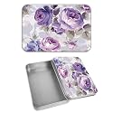Rectangular Metal Tin Box with Removable Lid, Purple Flowers Decorative Printed Metal Storage Container for Cash Ticket Credit Card Check 3.46 x 2.36 x 0.7 inch– Single Pack