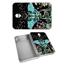 Rectangular Metal Tin Box with Removable Lid, Moon Teal Moth Decorative Printed Metal Storage Container for Cash Ticket Credit Card Check 3.46 x 2.36 x 0.7 inch– Single Pack