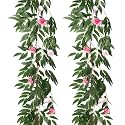 RECUTMS Artificial Hanging Silk Willow Leaves Vine Twig Whit Rose 2Pc 5.7Ft
