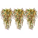 RECUTMS Artificial Plant, 3 Pack Hanging Plants with 30 LED Lights, 11.5in Eucalyptus, Orange Red, Indoor Outdoor Decoration