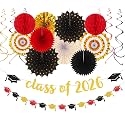 Red-Black Gold Party-Decorations Graduation Banner-Streamers - 18pcs Kits Class of 2026 Garland, Paper Tissue Pom Poms Fan, Honeycomb Lanterns Congrate Grad Congratulations Decor Panduola