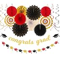Red-Black Gold Party-Decorations Graduation Banner-Streamers - 18pcs Kits 2026 Congrate Grad Garland,Congratulations Paper Tissue Pom Poms Fan,Honeycomb Lanterns Decor Panduola