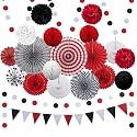 23Pcs Red Black Party Decorations with Hanging Paper Fans Honeycomb Balls