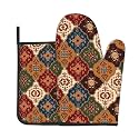 Red Boho Oven Mitts and Pot Holders Sets - Vintage Bohemian Kitchen Mitts Potholders 2 Pack Heat Resistant Retro Patterned Oven Gloves Hot Pads for Kitchen Baking Grilling Party